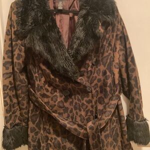 Leopard Print Faux Fur Trim Coat